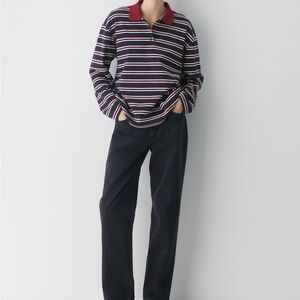 Babaton Striped Rugby Polo with Burgundy Collar 2XS